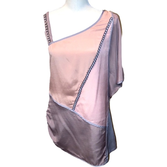 Anthropologie LuPruia One Shoulder Blouse Silver Chain Detail Muted Rose Size M - Picture 10 of 11